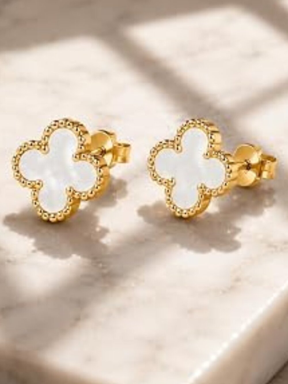 Gold and White Clover Leaf Earrings 18K Gold Plated NEW